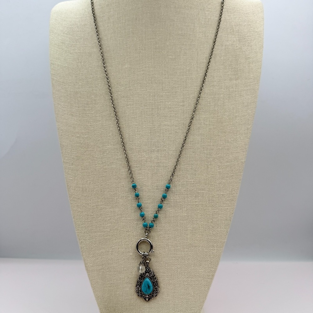 Vintage 90s Silver Tone Turquoise Beaded Teardrop Pendant Necklace Boho Jewelry - Picture 8 of 11